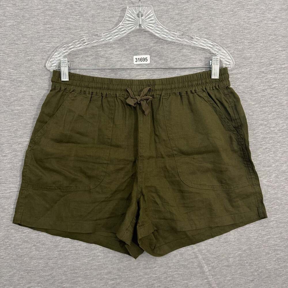 Quince Womens Size Medium Olive Green 100% Linen Drawstring Shorts 3" Inseam